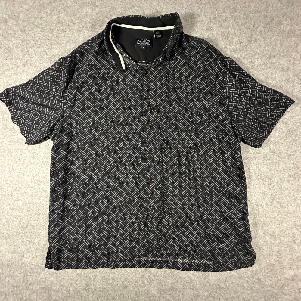 Nat Nast Silk Cotton Shirt XL Black Mens Short Sleeve Geometric
